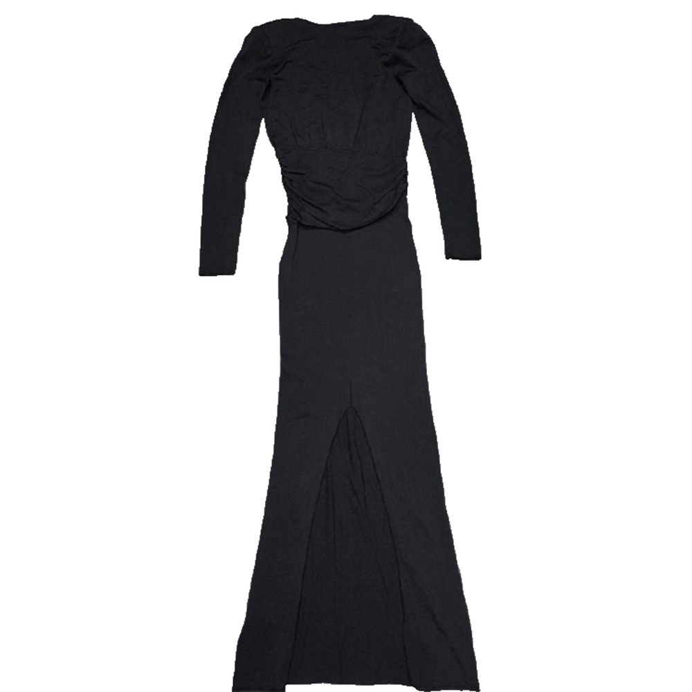 ZARA BLACK LONG GATHERED WAIST V-NECK KNIT DRESS WITH SHOULDER PADS S A005697 - Picture 8 of 9